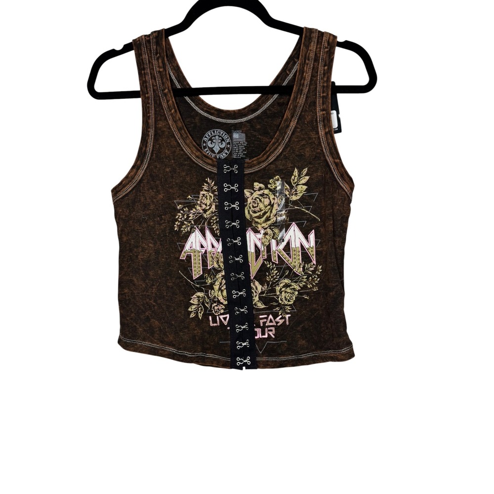 Affliction AC Pasadena Tank Brown Acid Wash Graphic Hook Eye Top Large